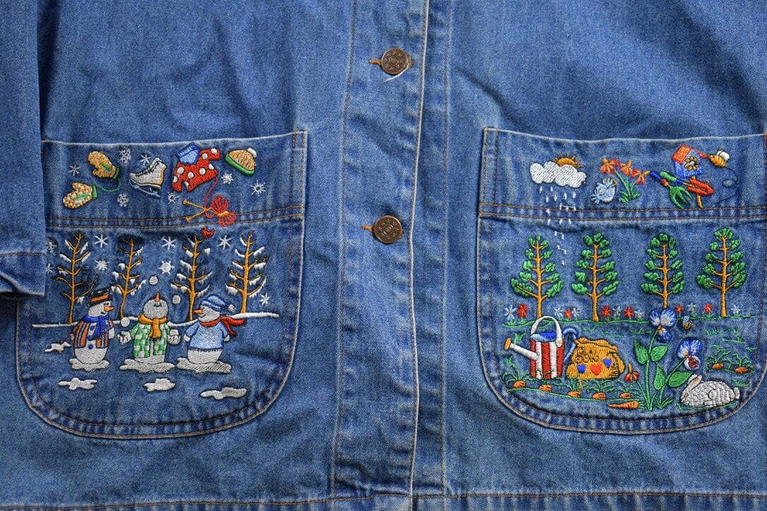 Vintage 1990s Seasons Embroidered Denim Chore Coat Men's Medium - Image 4