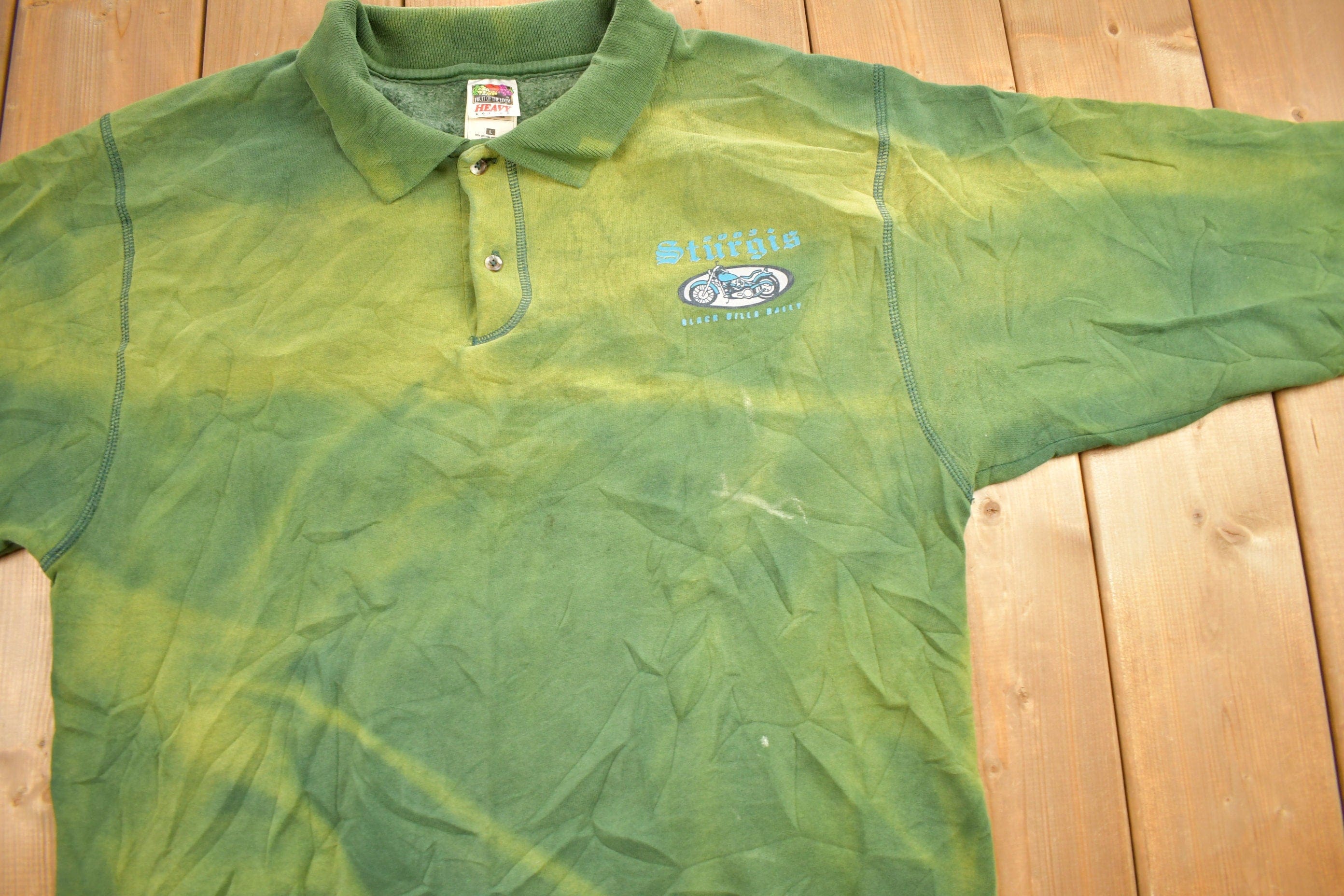 Vintage 1990s Sturgis Black Hills Rally Green Acid Wash Quarter Button Sweatshirt Men's Large - Image 3