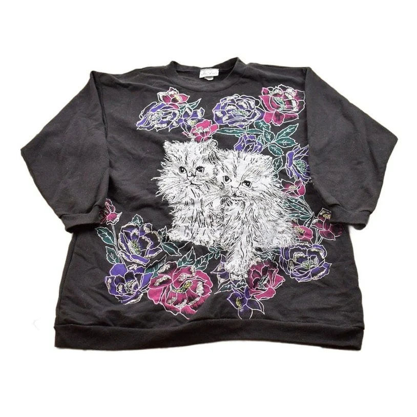 Vintage 1990s Tee Dee's Kittens and Flowers Themed Crewneck Sweater Men's Medium