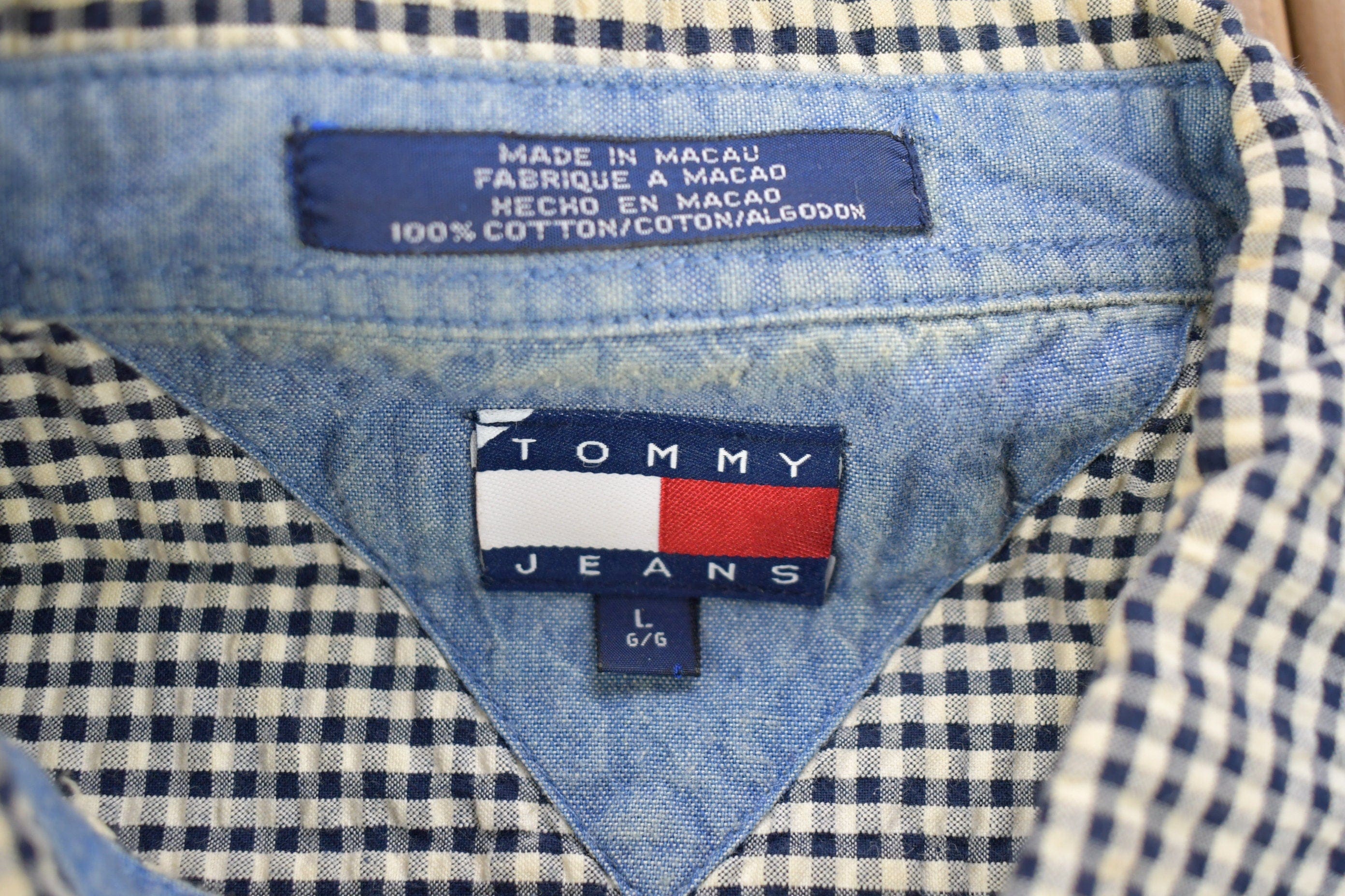Vintage 1990s Tommy Jeans Checkered Short Sleeve Button Up Shirt Men's Large - Image 3