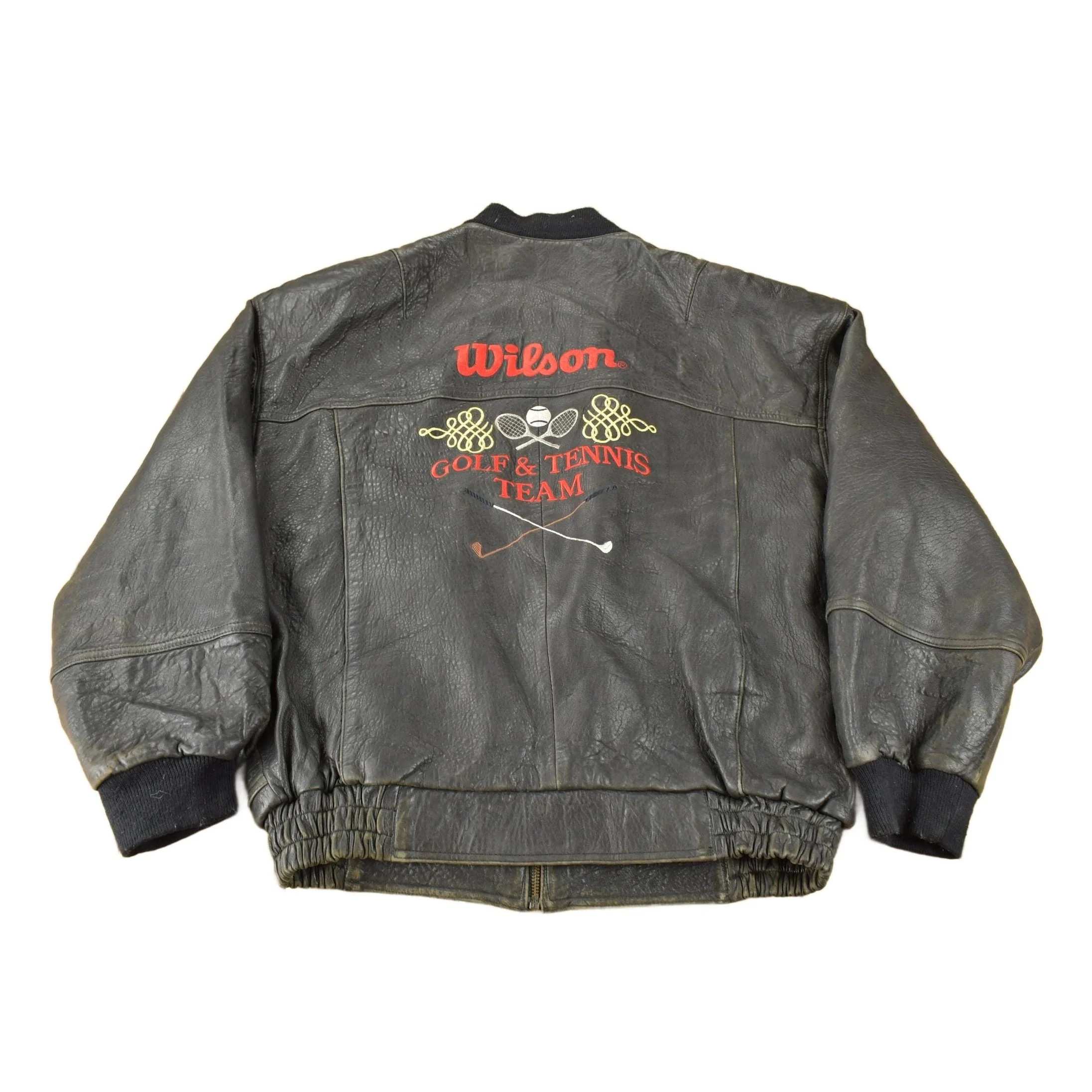 Vintage 1990s Wilson Golf & Tennis Team Embroidered Leather Bomber Jacket Men's Large
