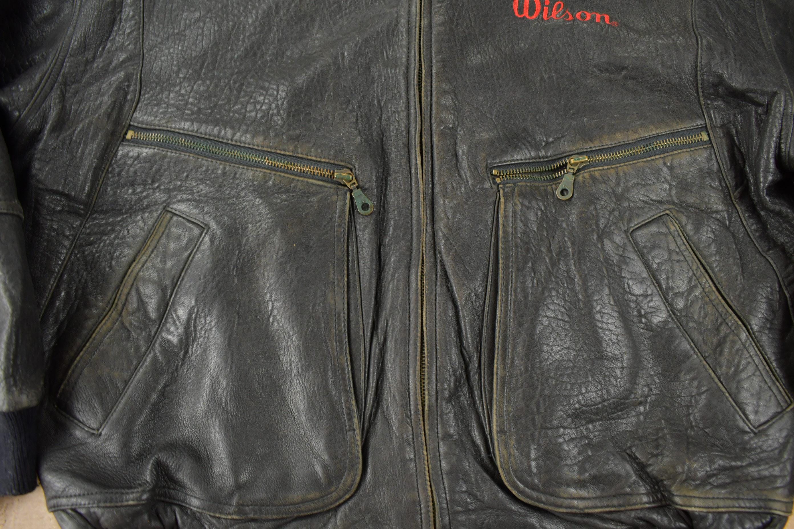 Vintage 1990s Wilson Golf & Tennis Team Embroidered Leather Bomber Jacket Men's Large - Image 4