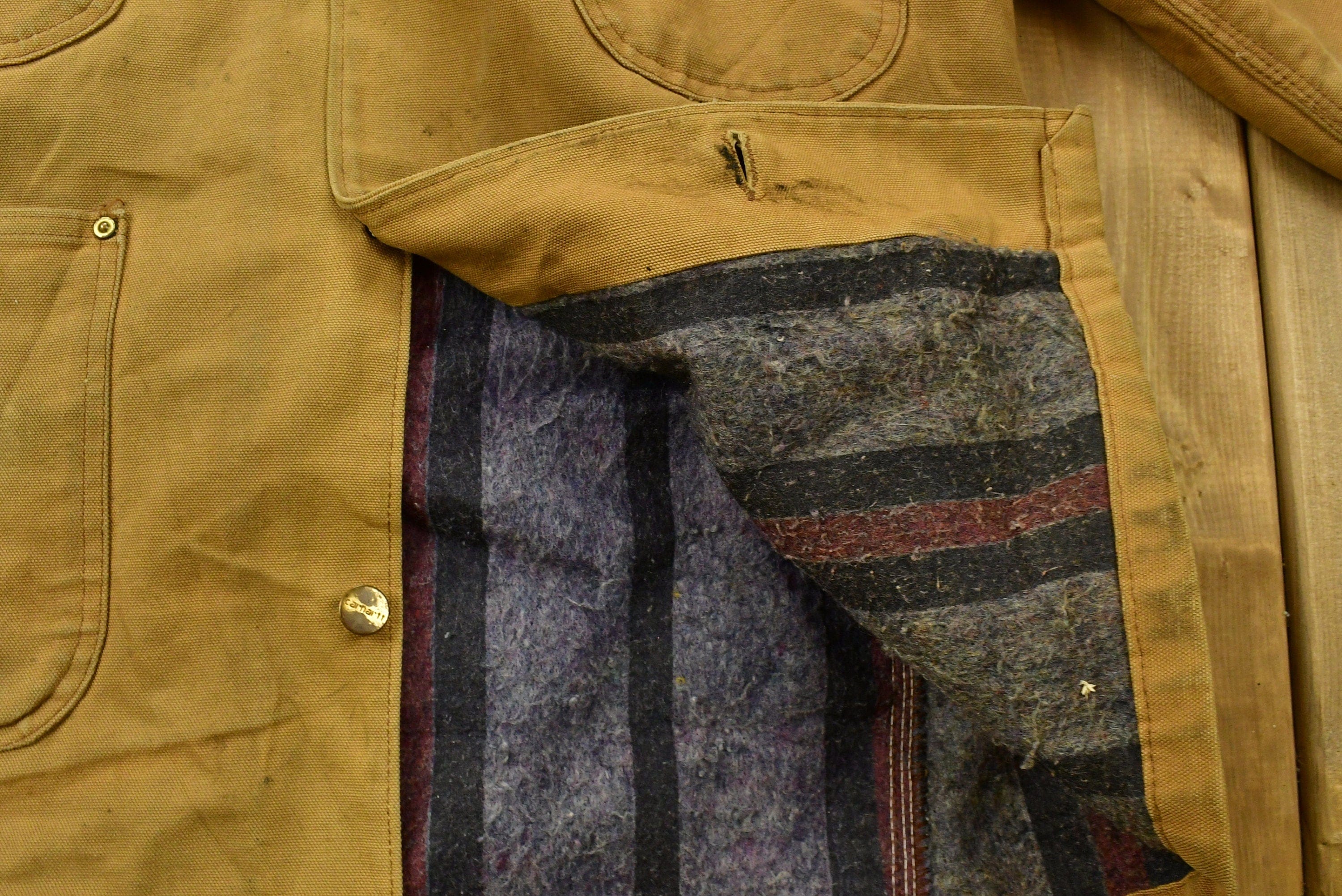 Vintage 1980s Carhartt Chore Coat Blanket Lined With Hood Men's XL - Image 6