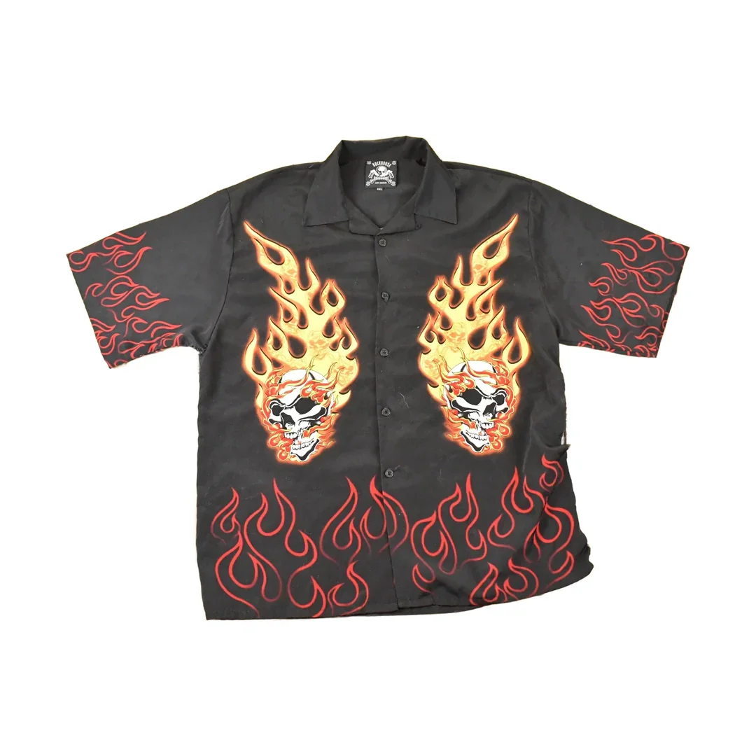 Vintage Y2K Rockhouse Roadhouse Flaming Skulls AOP Thrashed Button Up Shirt Men's XL